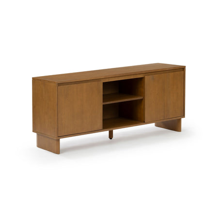 Mid-century modern walnut media console TV stand with two cabinet doors, central open shelving, and block wood legs