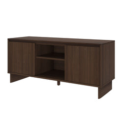 Dark walnut mid-century modern TV stand media console with two sliding doors, central open shelf and low-profile wooden storage cabinet for living room