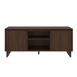 Dark walnut mid-century modern TV media console with tapered legs, two closed cabinets and central open shelves for living room storage and electronics