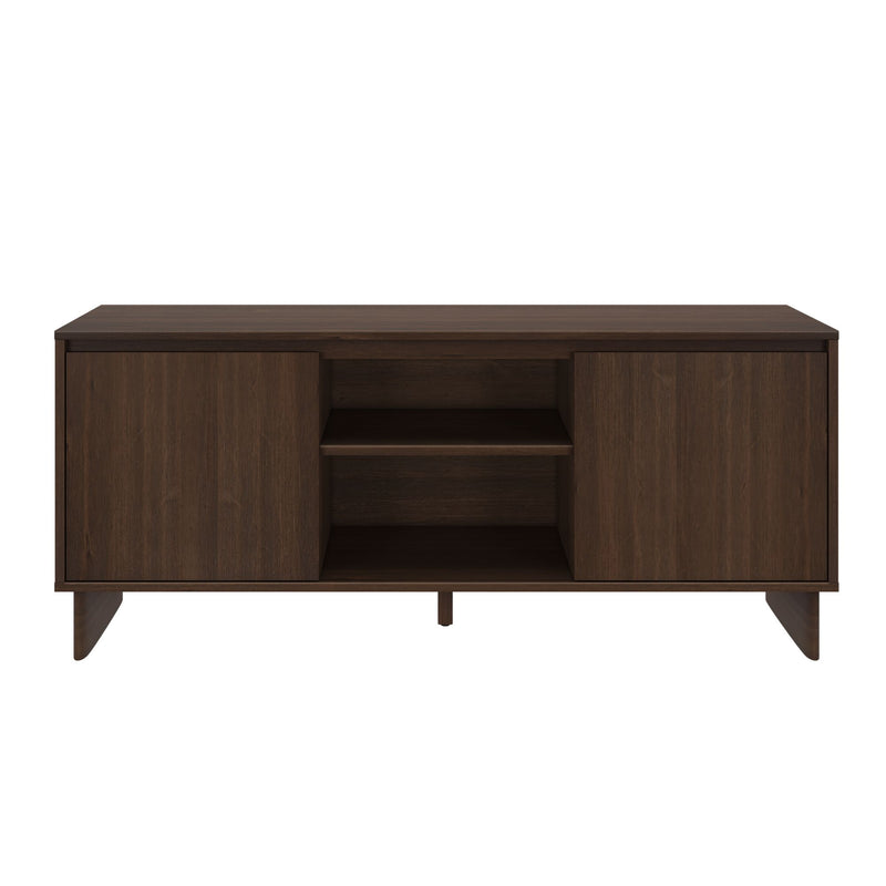 Dark walnut mid-century modern TV media console with tapered legs, two closed cabinets and central open shelves for living room storage and electronics