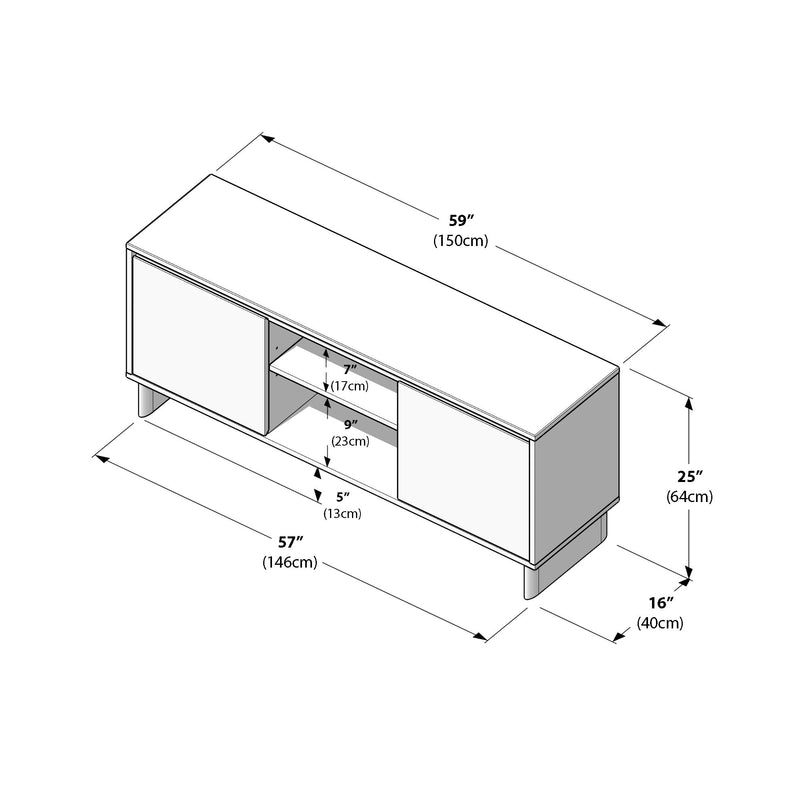 Modern wooden TV stand media console diagram showing sliding doors, open center shelving and dimensions 59" W x 16" D x 25" H (150 x 40 x 64 cm) with internal shelf heights 7" (17 cm), 9" (23 cm) and 5" (13 cm)