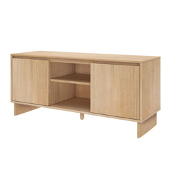 Modern light oak wooden TV stand media console with sliding doors, central open shelf, and minimalist base