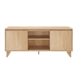 Mid-century modern light oak TV stand media console for living room with two cabinet doors, central open shelf and angled legs.