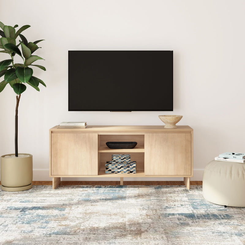 Minimalist modern living room with wall-mounted flat-screen TV, light wood media console, decorative bowl and books, potted plant and blue-accent area rug
