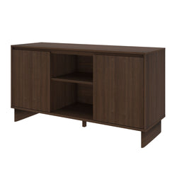 Dark walnut TV stand cabinet with sliding doors and open center shelf — modern media console for living room