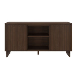 Dark brown mid-century modern wooden TV stand media console with two cabinet doors and open center shelving for living room storage