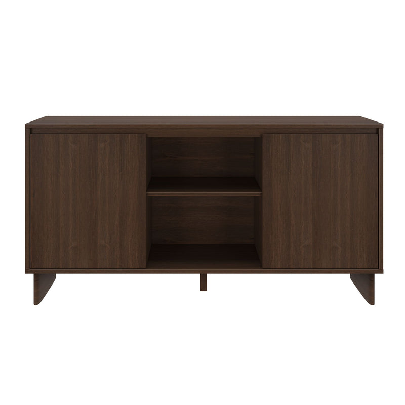 Dark brown mid-century modern wooden TV stand media console with two cabinet doors and open center shelving for living room storage