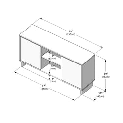 Modern white media console TV stand with sliding doors, central open shelf and tapered legs; overall dimensions 59" × 16" × 30" (150 × 40 × 76 cm).