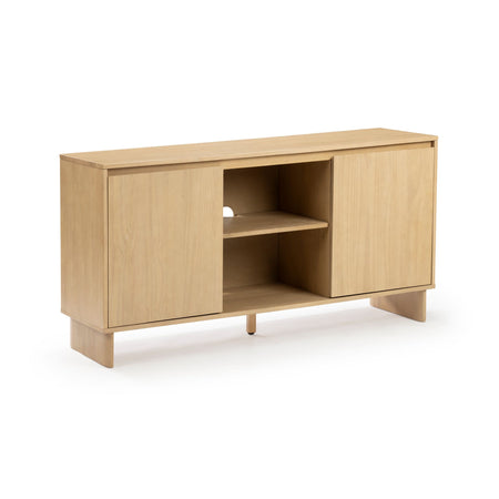 Minimalist light oak media console TV stand with two doors, central open shelf and rear cable management hole, modern storage cabinet