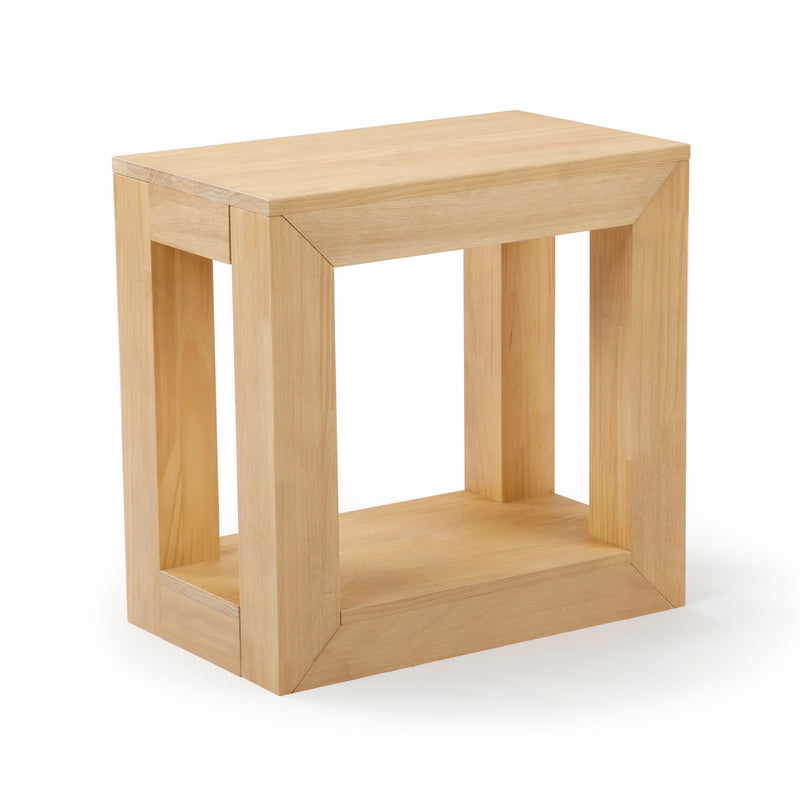 Modern minimalist wooden side table with open storage, ideal for living room or bedroom decor.