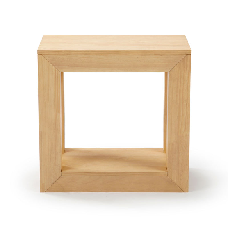 Minimalist wooden side table with open cube design.