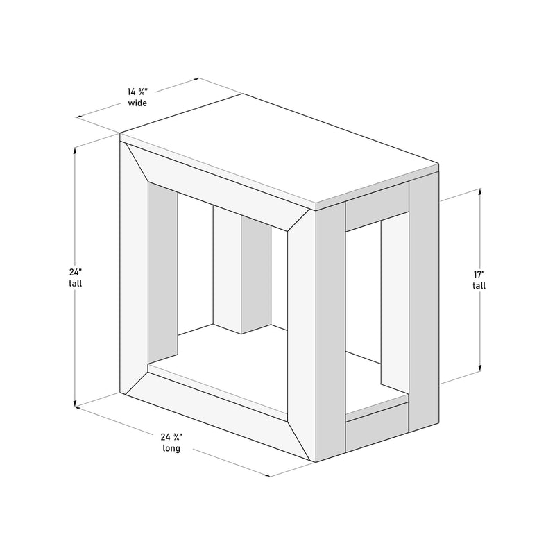 Blueprint illustration of a modern side table with dimensions: 24 inches tall, 24 ¾ inches long, and 14 ¾ inches wide.