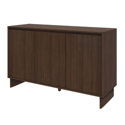 Dark walnut wood modern sideboard credenza with four doors, low-profile storage cabinet for living room, dining room or entryway