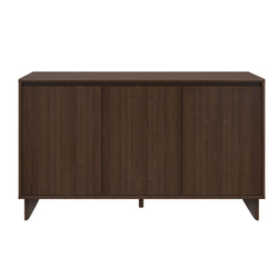 Mid-century modern dark brown wood 3-door storage sideboard cabinet with tapered legs for living room