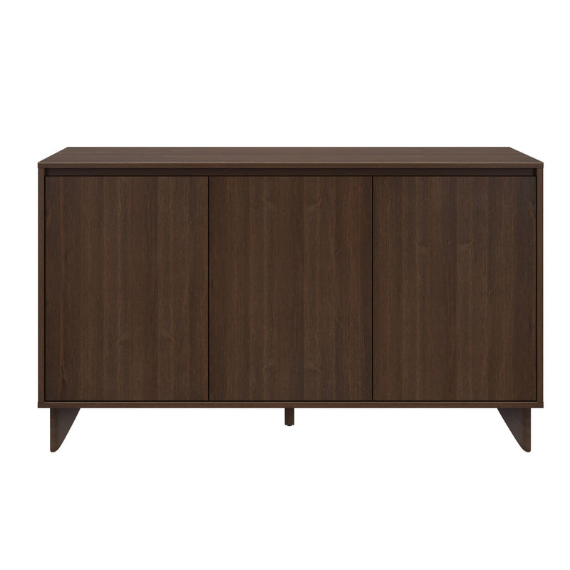 Mid-century modern dark brown wood 3-door storage sideboard cabinet with tapered legs for living room
