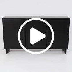 Modern black wooden sideboard cabinet with three doors and tapered legs, minimalist matte-finish living room storage credenza and TV console