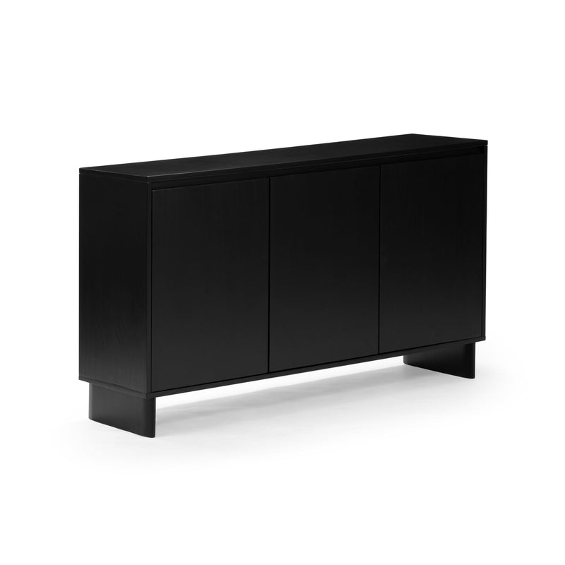 Minimalist black three-door wooden sideboard storage cabinet on plinth base, modern media console for living room