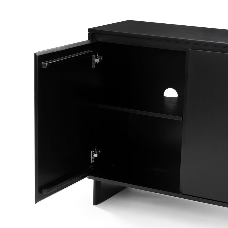 Black modern media cabinet with open left door, interior shelf and rear cable management hole, TV console storage sideboard
