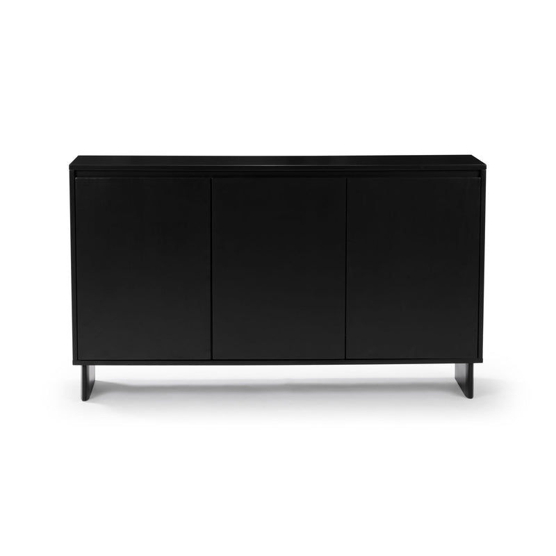 Black modern three-door sideboard cabinet with raised legs, minimalist wooden storage buffet for living room or dining room