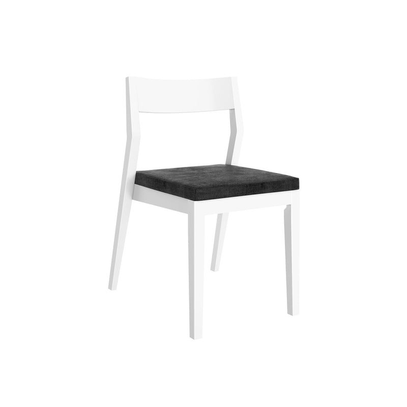 Modern white dining chair with black cushioned seat.