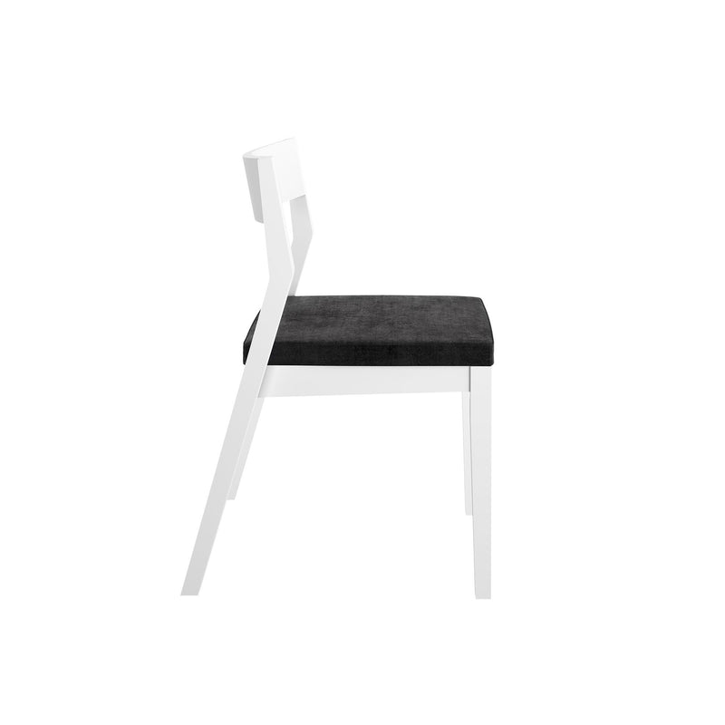 Side view of a modern white chair with black cushioned seat against a white background.