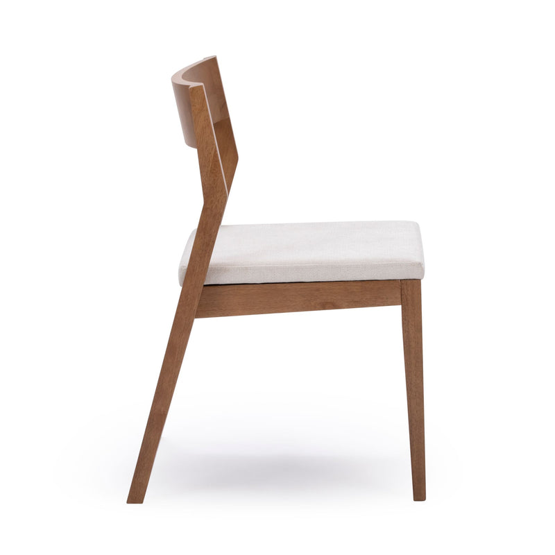 Side view of a modern wooden dining chair with beige cushioned seat.