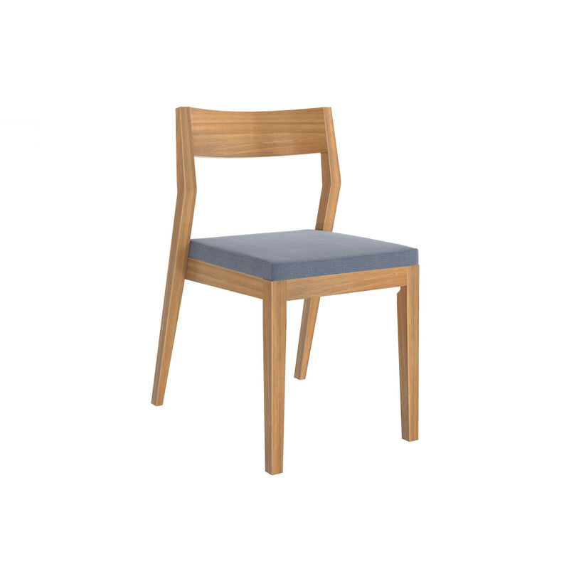 Modern wooden chair with blue cushioned seat for dining room furniture.