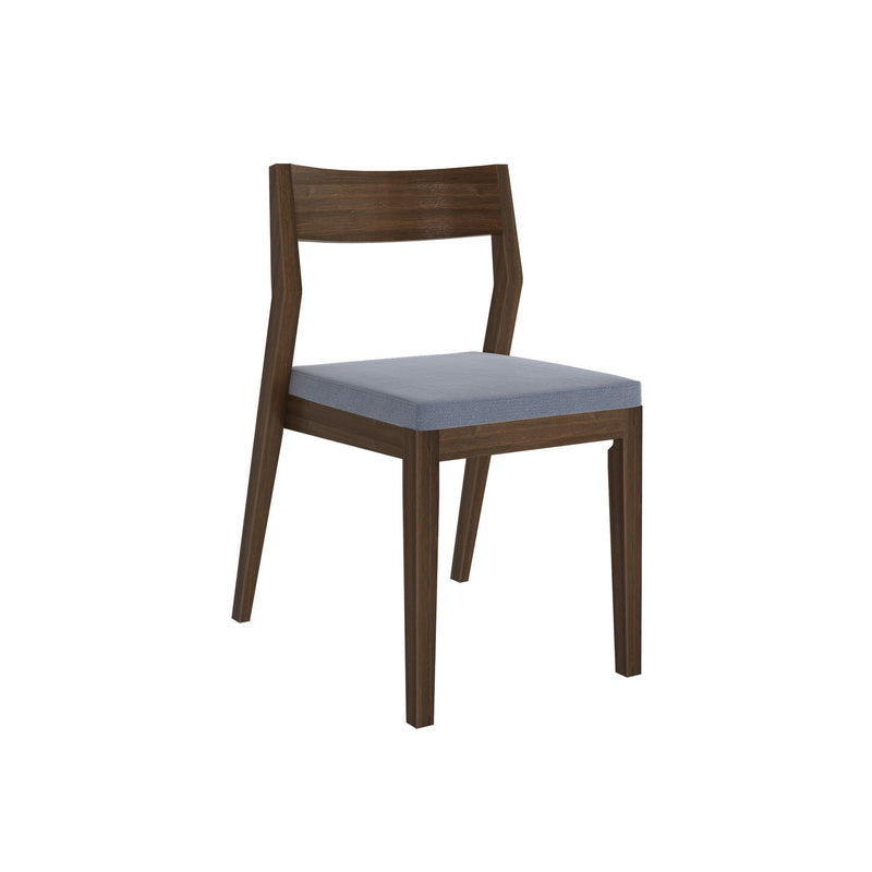Wooden dining chair with cushioned seat in light blue upholstery.