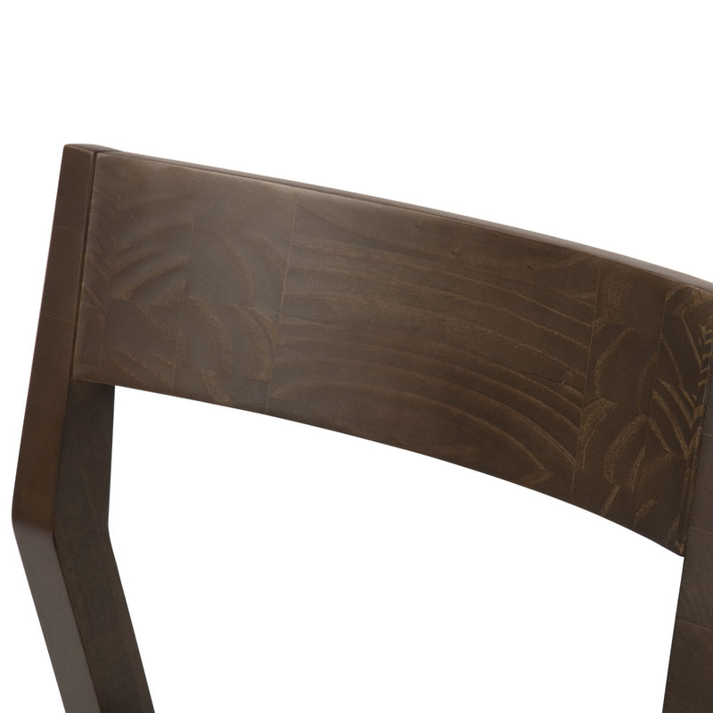 Elegant dark wooden chair backrest design with modern finish.