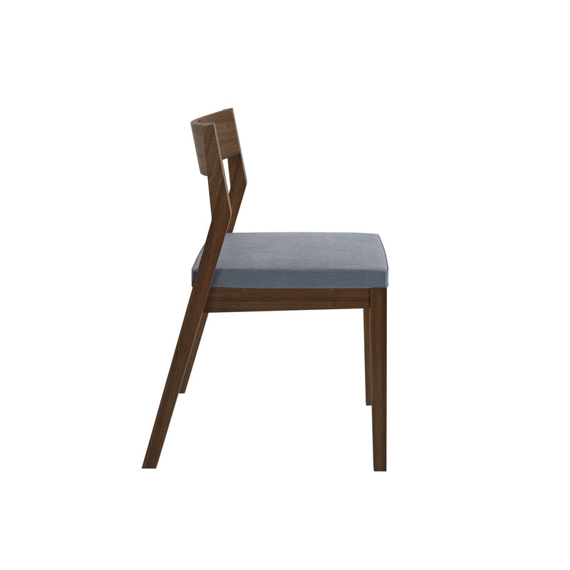 Side view of a modern wooden dining chair with a blue cushioned seat, perfect for contemporary home decor.