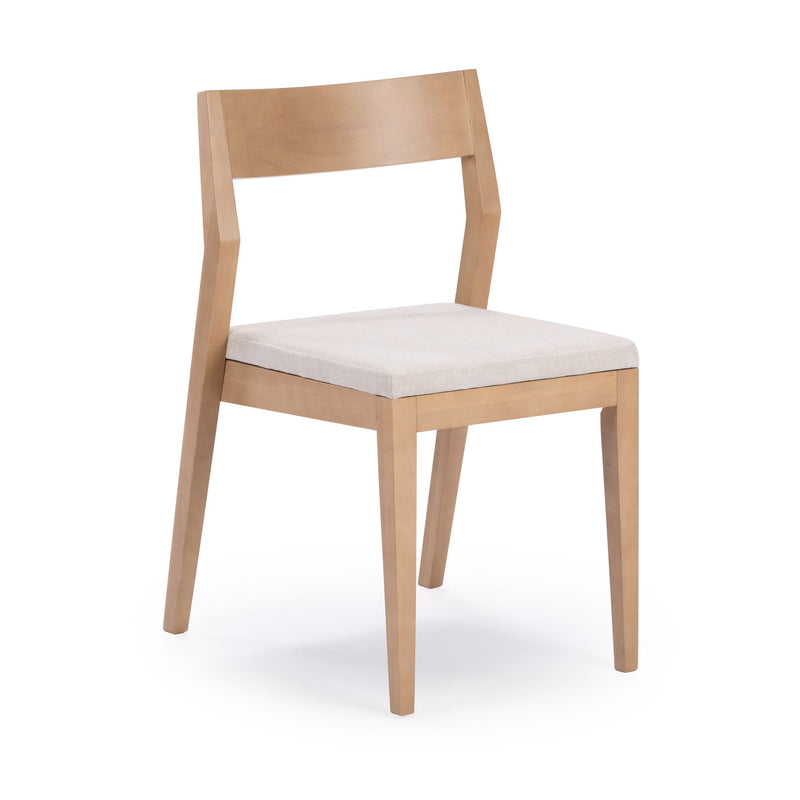 Modern wooden dining chair with beige cushion and minimalist design.