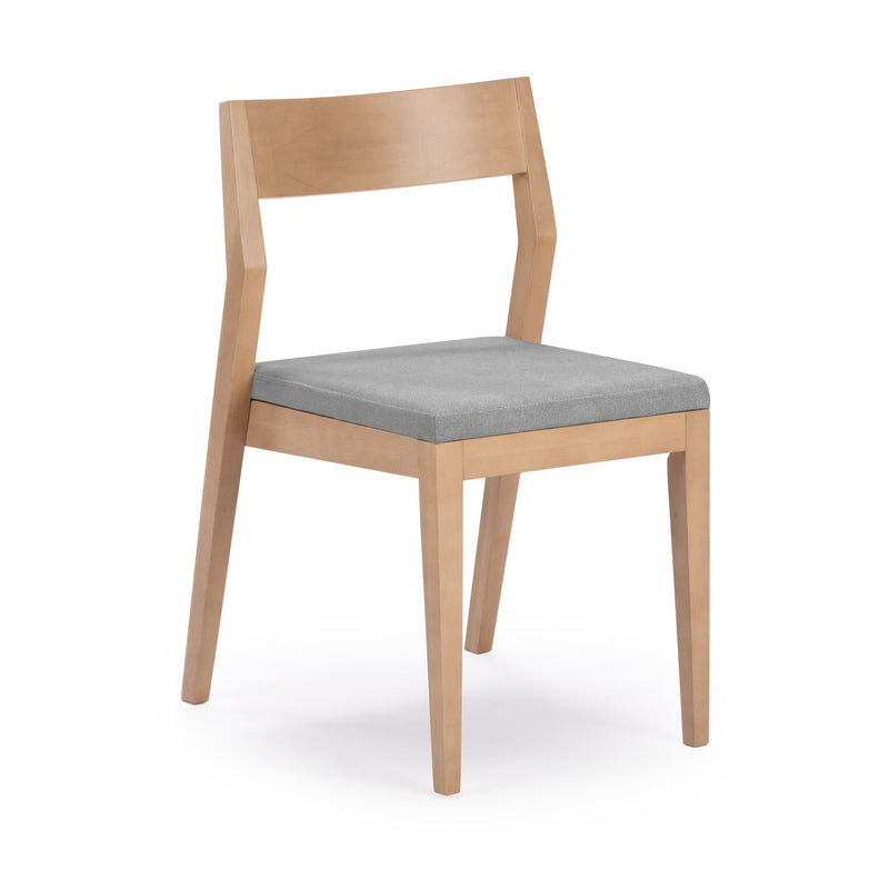 Modern wooden dining chair with a gray cushioned seat.