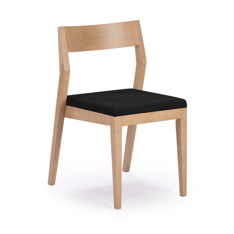 Modern wooden dining chair with black cushioned seat.