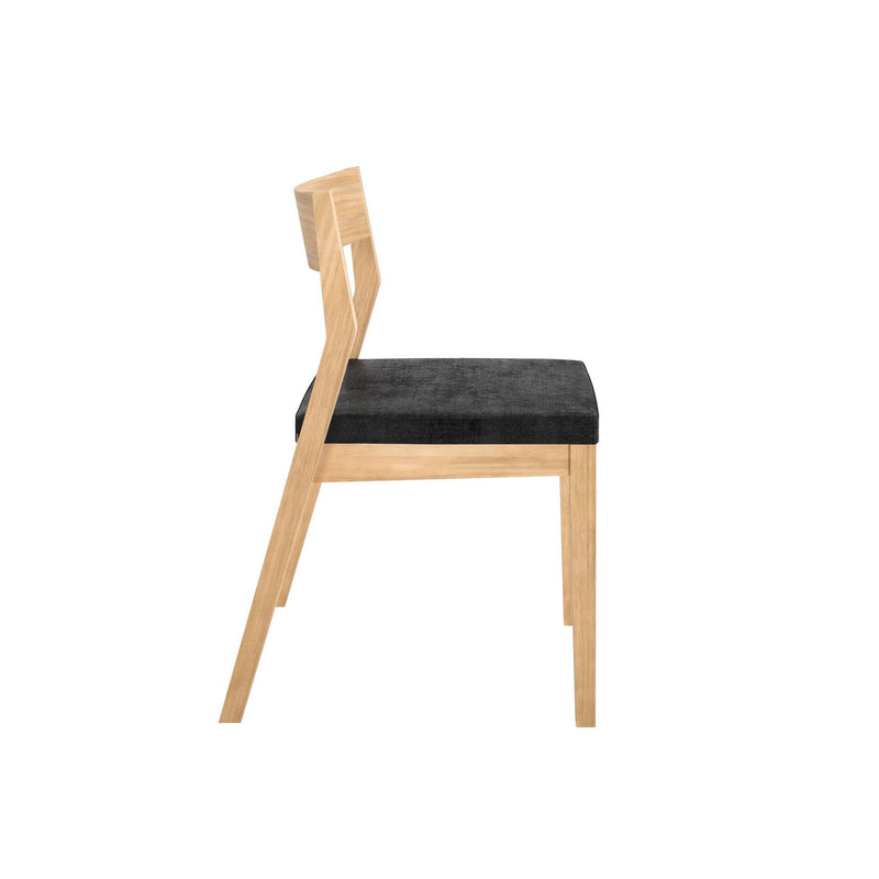 Side view of a modern wooden dining chair with black cushion.