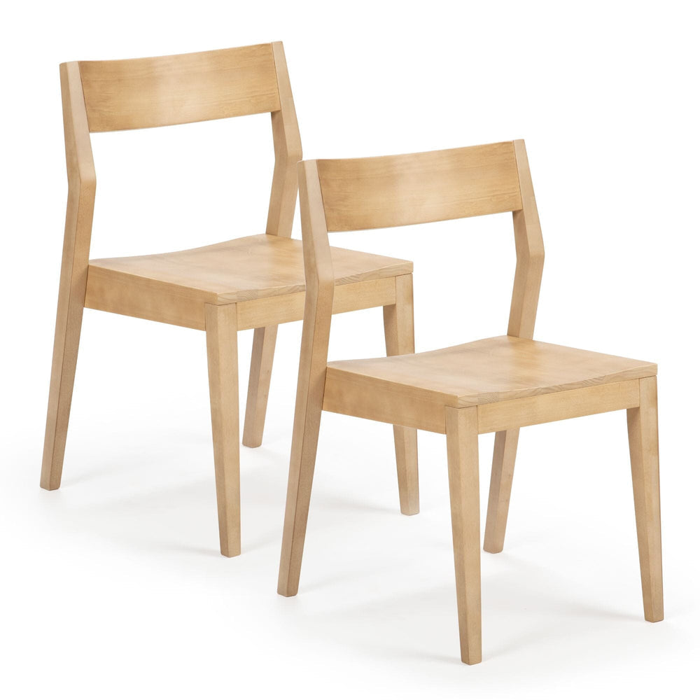 Pair of modern wooden dining chairs with a minimalist design.
