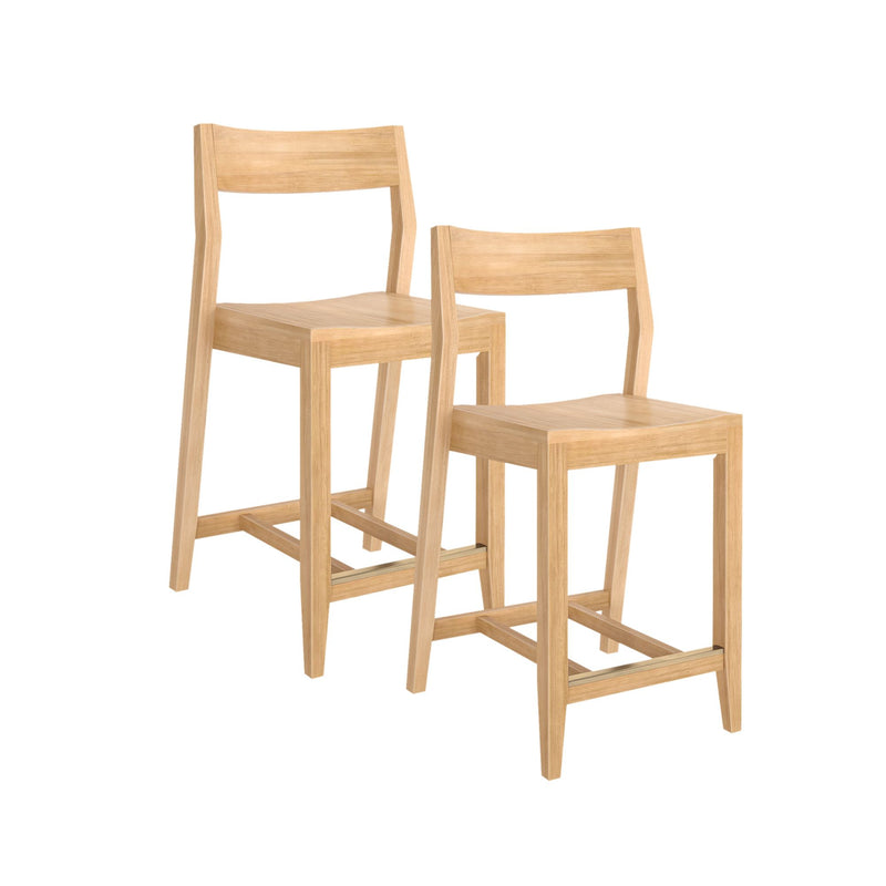 Two modern wooden bar stools with sleek design, ideal for contemporary kitchen and dining settings.