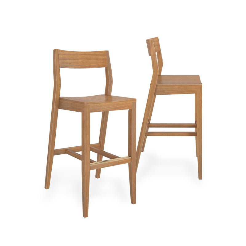 Wooden bar stools with modern design and backrest, perfect for kitchen or bar seating.