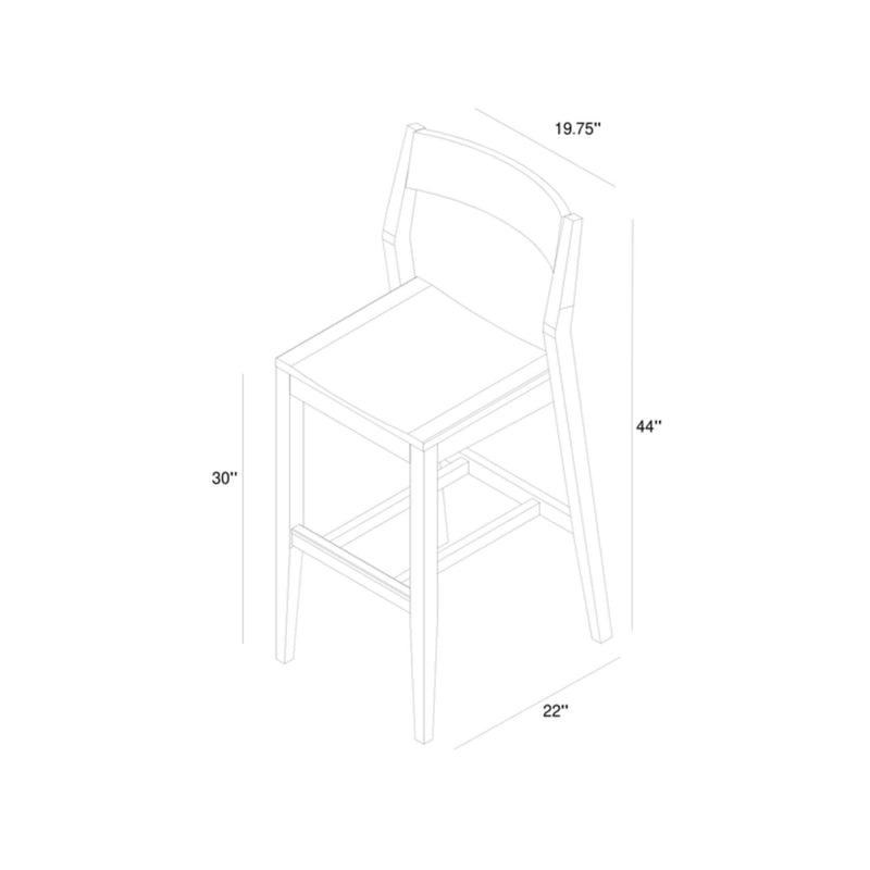Line drawing of a bar stool with dimensions: 44" height, 30" seat height, 22" depth, and 19.75" width.