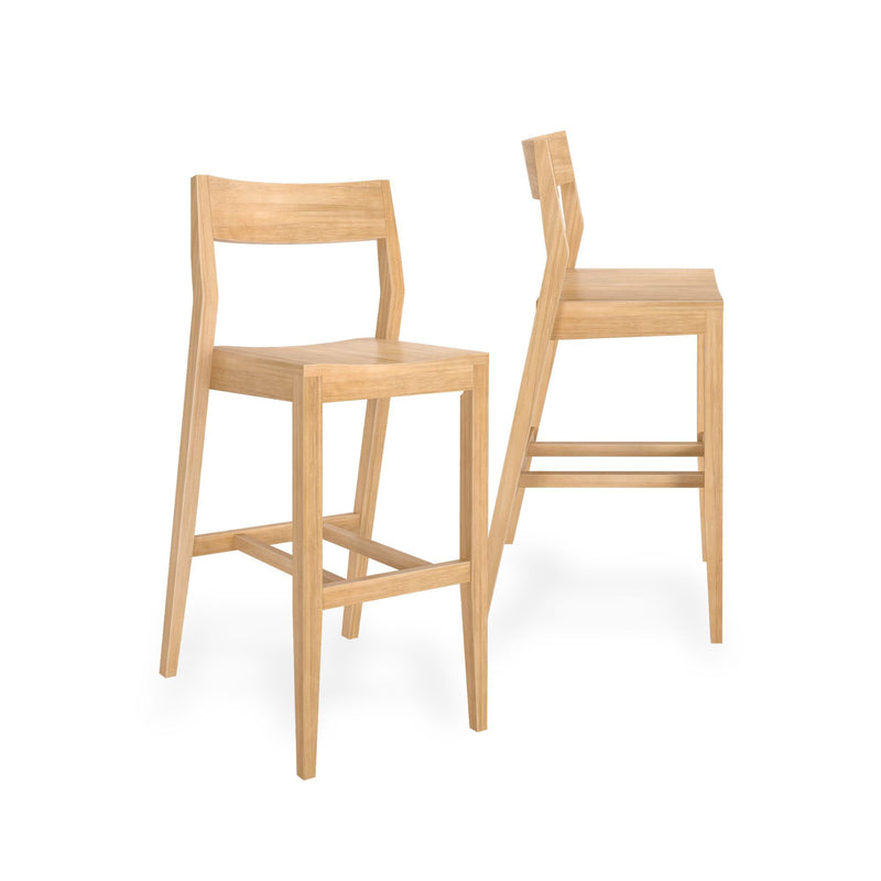 Pair of modern wooden bar stools with minimalist design and light finish.