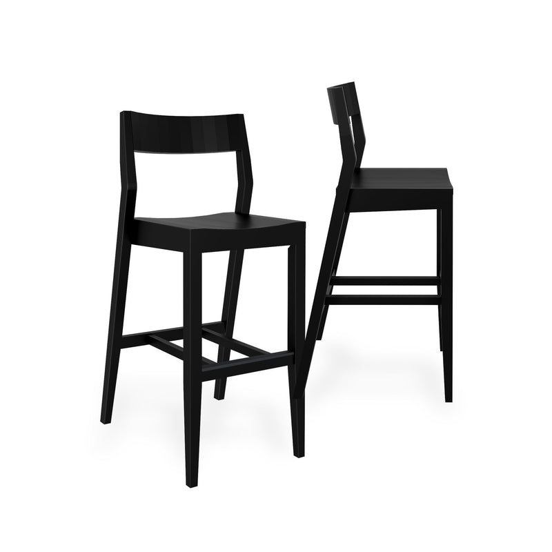 Black modern high bar stools with backrests on a white background.