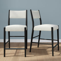 Set of 2 modern counter-height stools with white boucle upholstery and black metal frames for kitchen island or breakfast bar