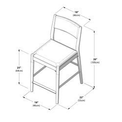 Counter-height bar stool with curved backrest and padded seat — isometric diagram with dimensions: seat height 25″ (64 cm), overall height 39″ (100 cm), seat width 18″ (46 cm), depth 22″ (55 cm); ideal kitchen counter or bar seating.