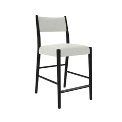 Counter-height modern bar stool with black wooden frame and textured white upholstered seat and backrest