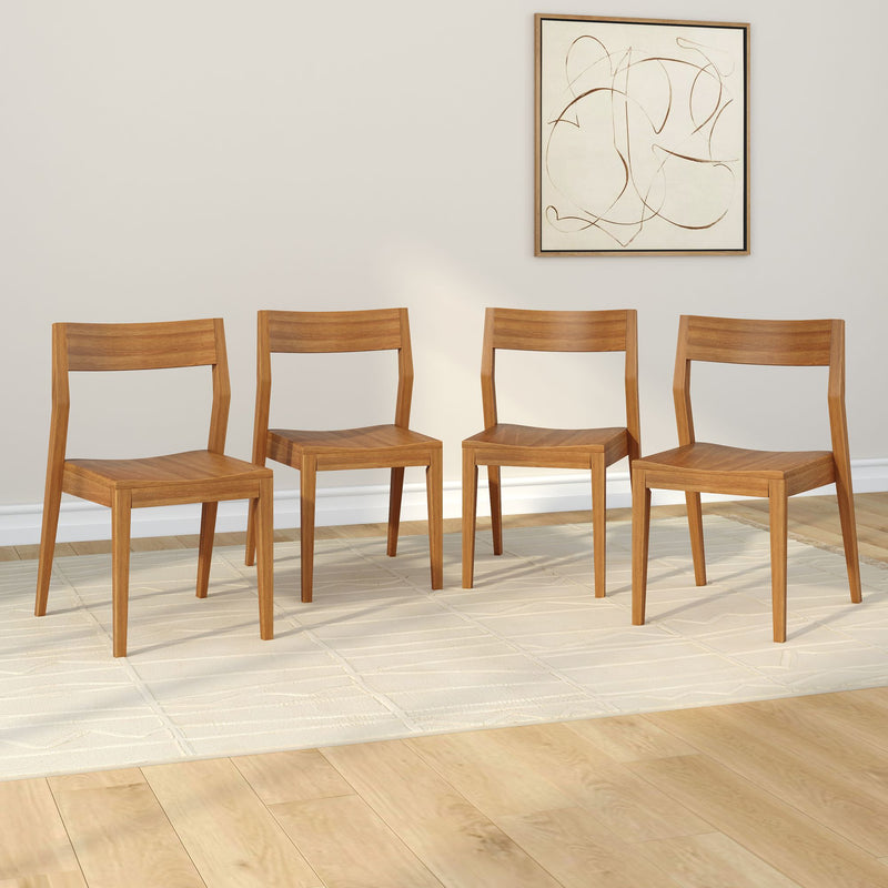 Four modern wooden dining chairs on a cream rug with abstract art on the wall, perfect for a contemporary dining room setting.