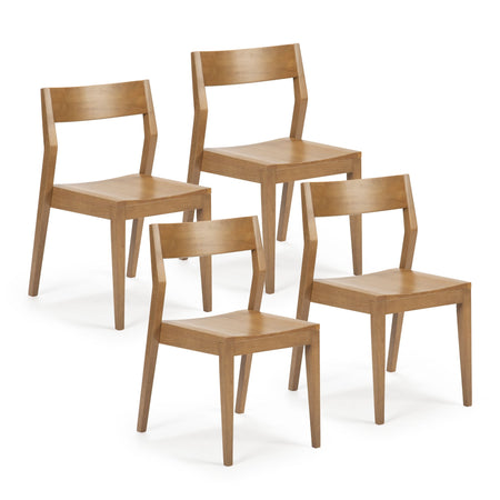 Set of four modern wooden dining chairs with natural finish and minimalist design.