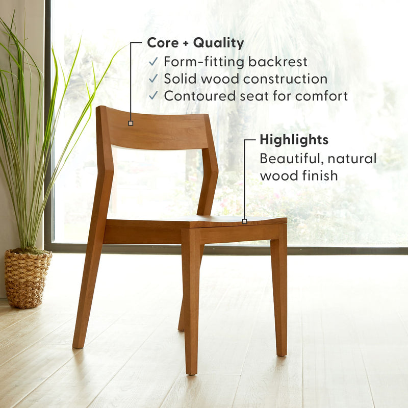 Solid wood chair with form-fitting backrest and contoured seat, featuring a beautiful natural wood finish, perfect for contemporary home decor.