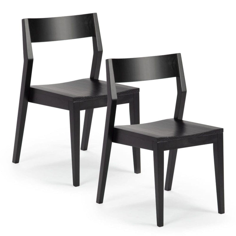 Pair of modern black wooden dining chairs with sleek minimalist design.
