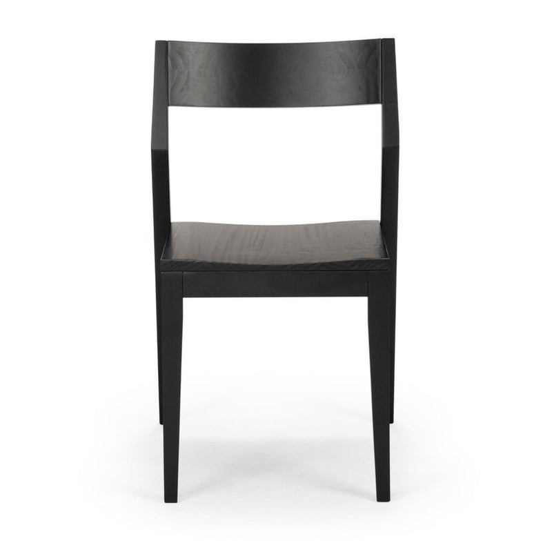 Minimalist black wooden chair with a sleek modern design.