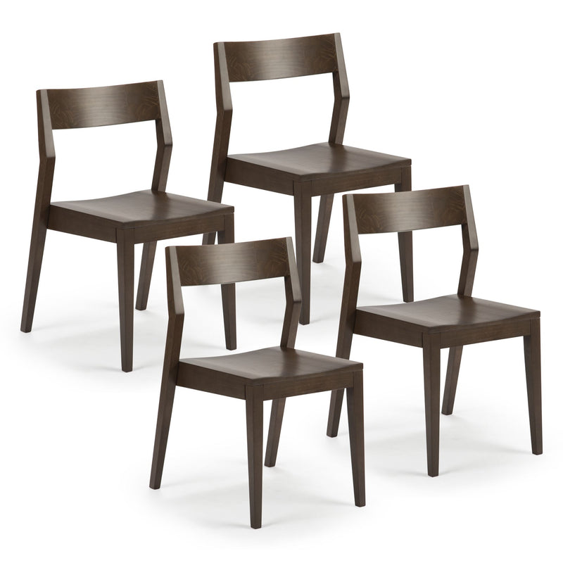 Set of four modern dark wood dining chairs with minimalist design.