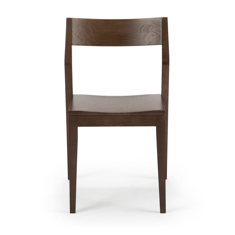 Modern dark wood dining chair with minimalist design.